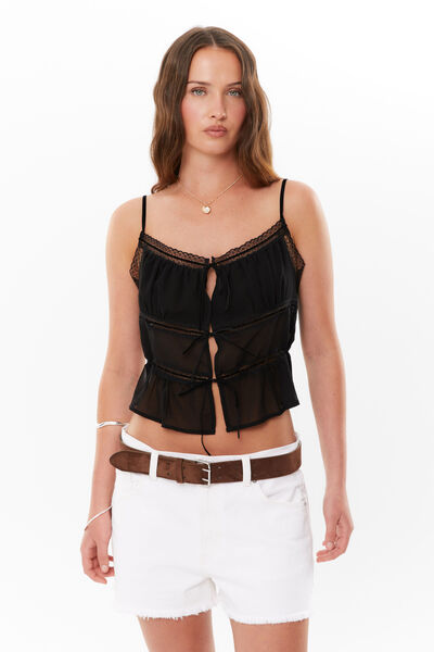 Amy Tie Front Cami, BLACK