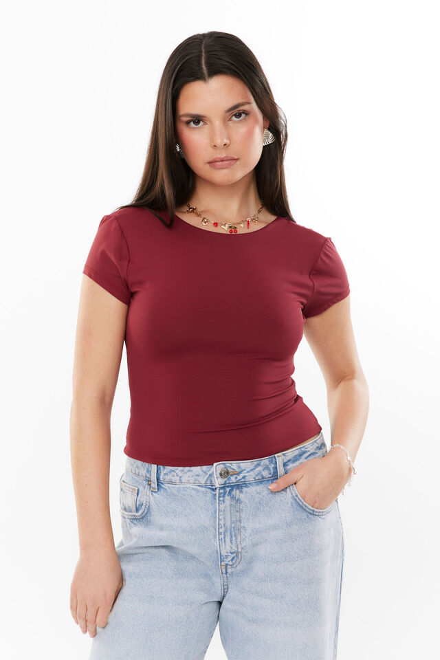 Luxe Short Sleeve Backless Tee, DEEP CHERRY