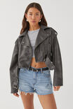 Faux Leather Oversized Biker Jacket, BLACK DISTRESSED - alternate image 1