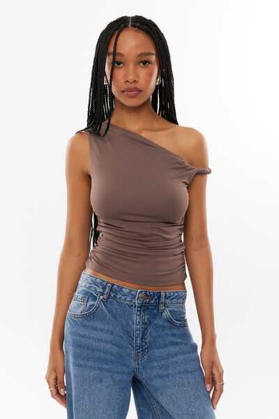 Luxe Bree Ruched Twist Top, BROWN CAROB