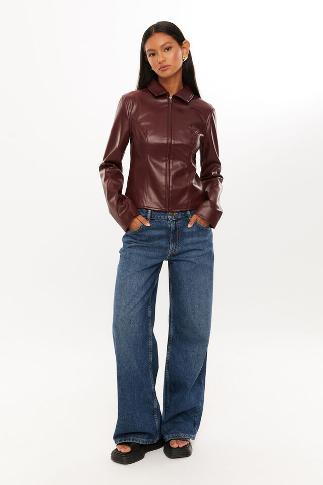 Gracie Collared Faux Leather Jacket, CHERRY