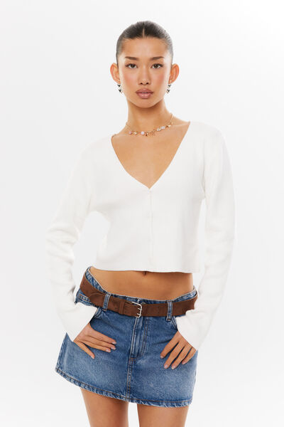 Valentina V Neck Knit Cardi, MERINGUE WHITE