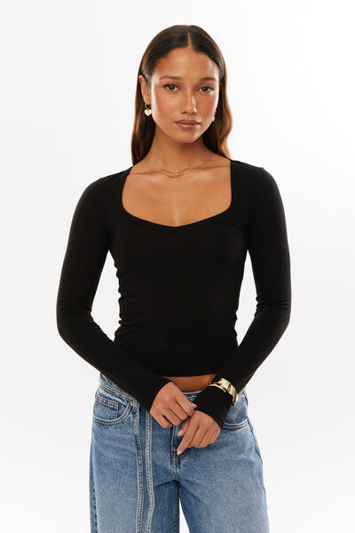 Vivian V Neck Long Sleeve Top, BLACK