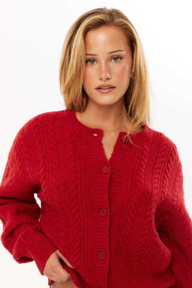 Quinn Cable Knit Cardigan, ROSEY RED