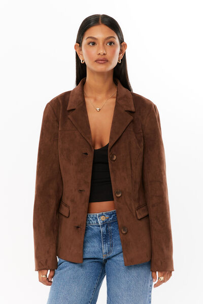 Niki Collared Faux Suede Jacket, MOCHA BROWN