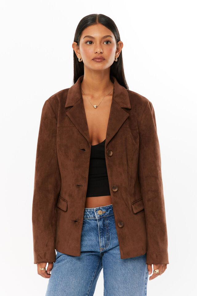 Niki Collared Faux Suede Jacket, MOCHA BROWN