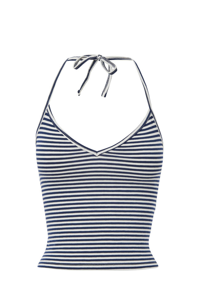 Khloe V Neck Halter Top, NAVY STRIPE