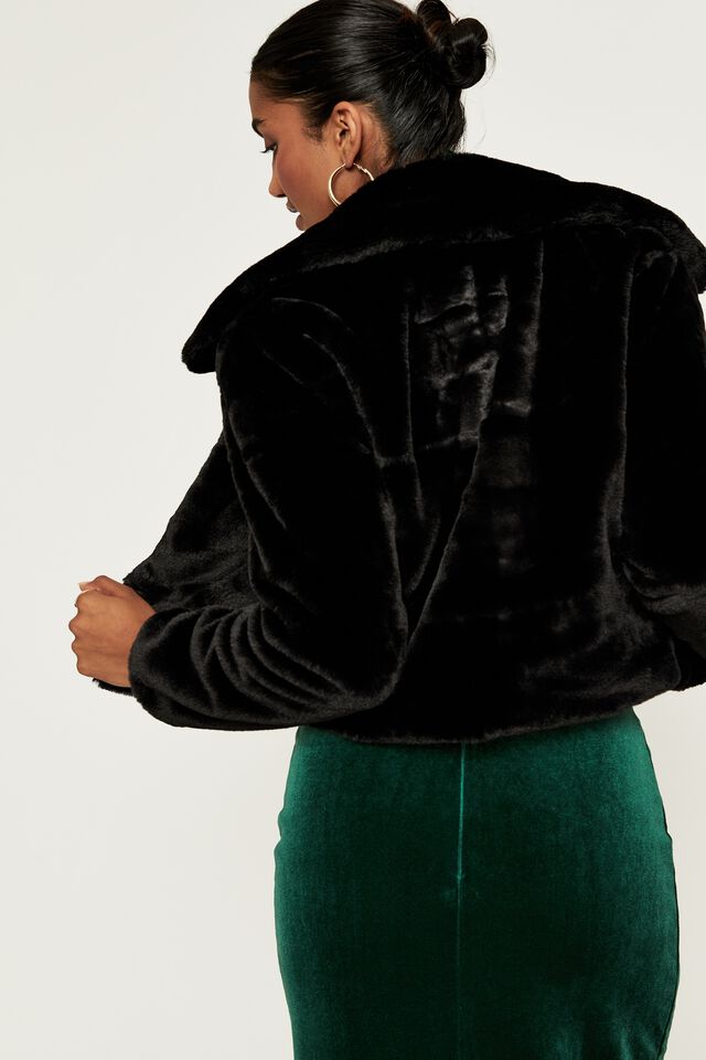Enya Faux Fur Crop Jacket, BLACK