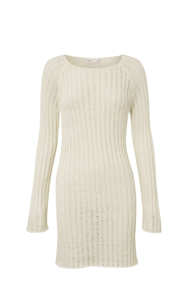 Leah Long Sleeve Open Knit Dress, WINTER WHITE