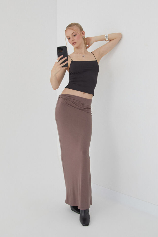 Soft Twist Maxi Skirt, BROWN CAROB