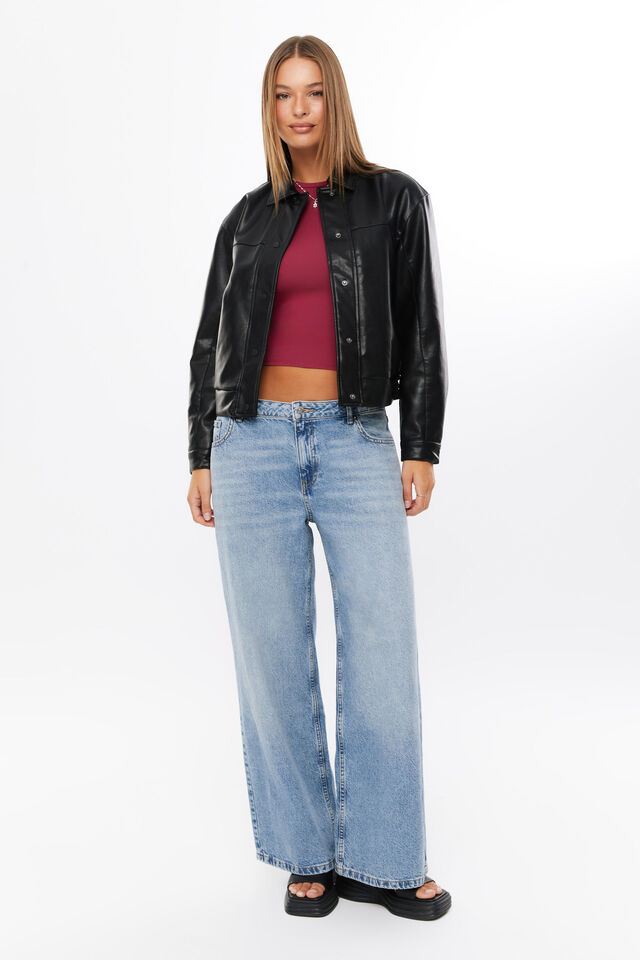 Asher Faux Leather Bomber Jacket, BLACK