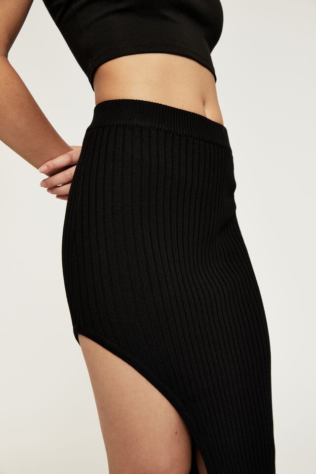 Chelsea High Split Midi Skirt, BLACK