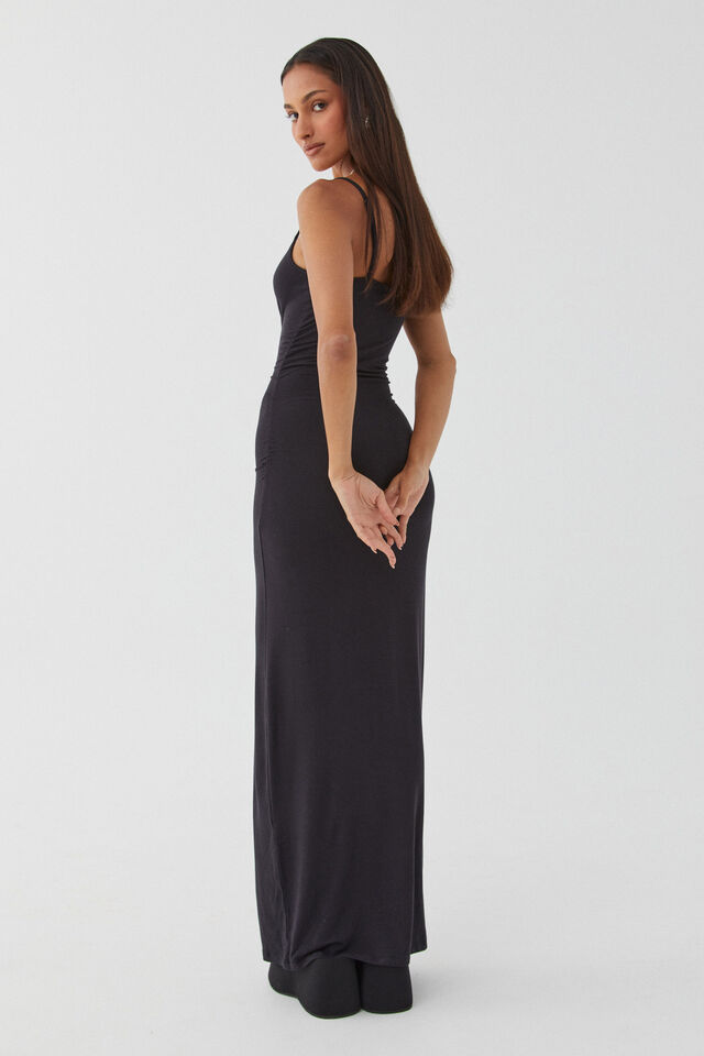 Soft Strappy Ruched Maxi Dress, BLACK