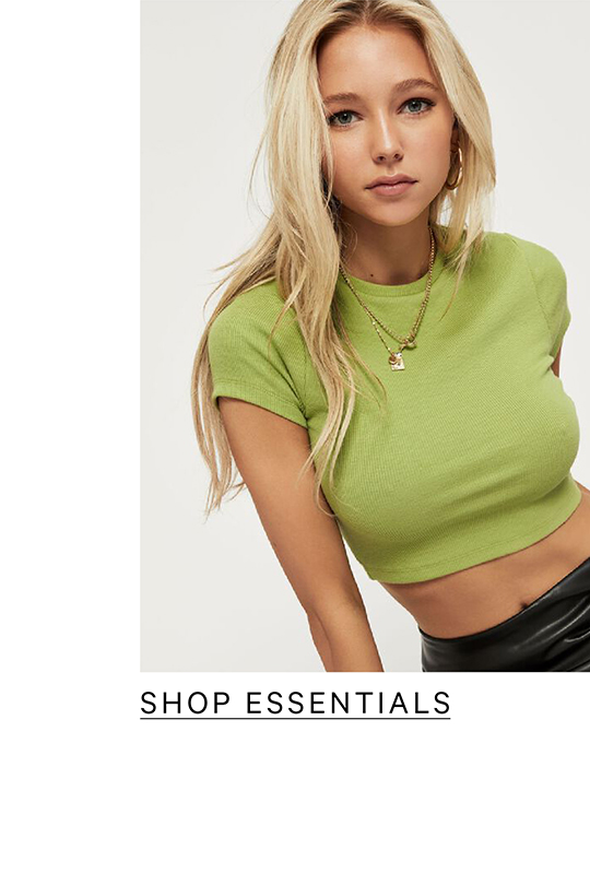 Shop Essentials. Tshirts, Bralettes, tanks, crop tops.