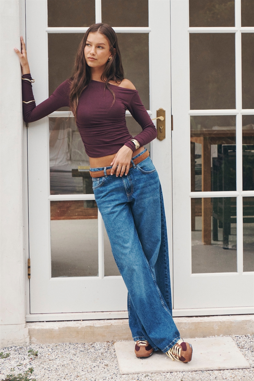 Soft Long Sleeve Off Shoulder Top & Low Rise Baggy Jean Bundle, 