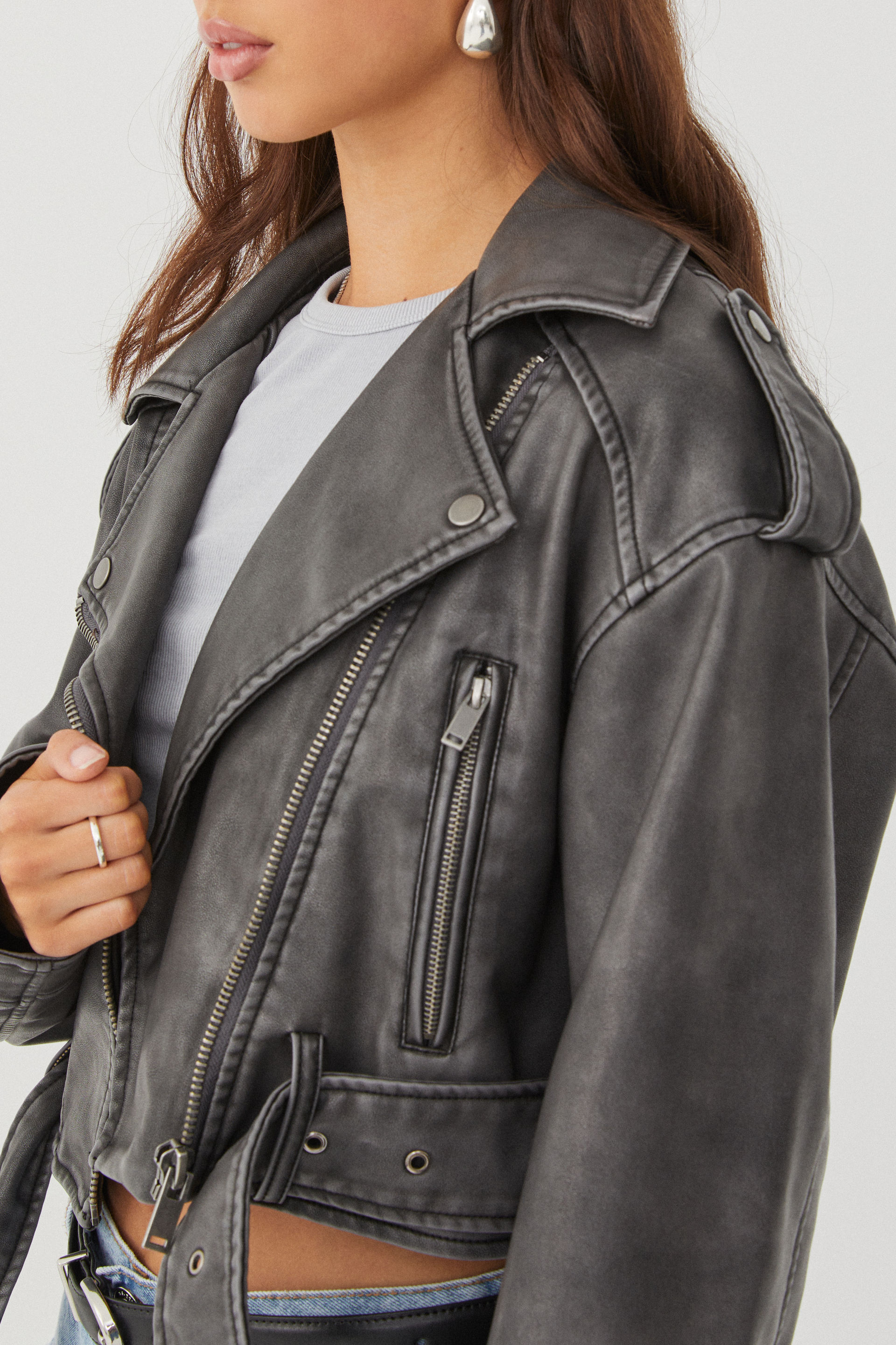 Grey faux leather biker cheap jacket